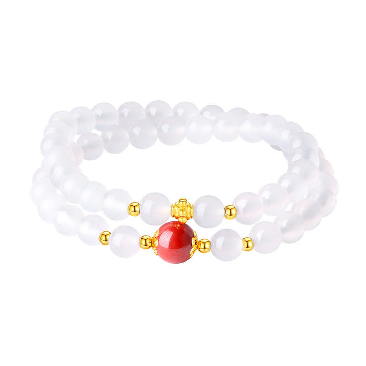 Braccialetto di protezione a doppio giro Buddha Stones in argento sterling 925 con agata bianca naturale e cinabro