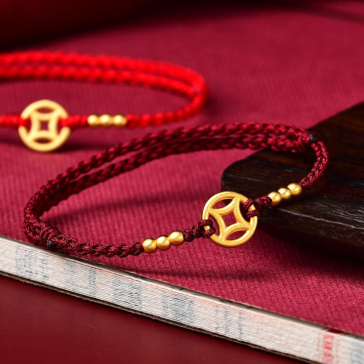 Braccialetto alla caviglia con corda intrecciata in rame con pietre Buddha Stones e moneta