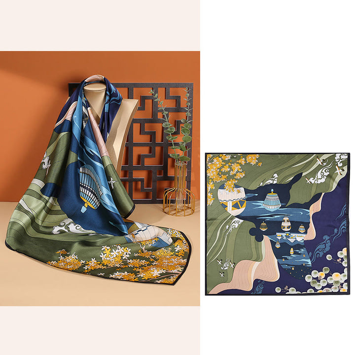 Sciarpa per capelli al collo in seta di gelso al 100%, motivo: Buddha Stones , scena pastorale, mongolfiera, fiori primaverili - Mongolfiera blu navy - image 9