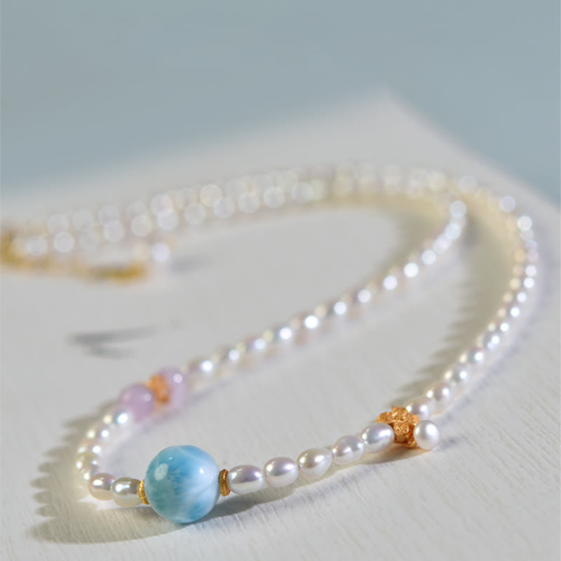 Collana con ciondolo in argento sterling 925 con perle naturali e larimar, motivo: Buddha Stones