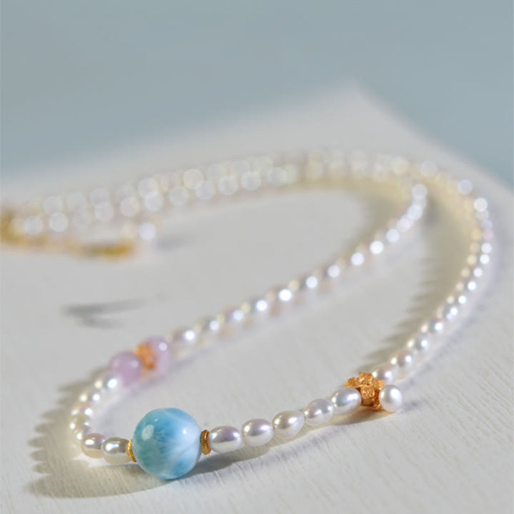 Collana con ciondolo in argento sterling 925 con perle naturali e larimar, motivo: Buddha Stones