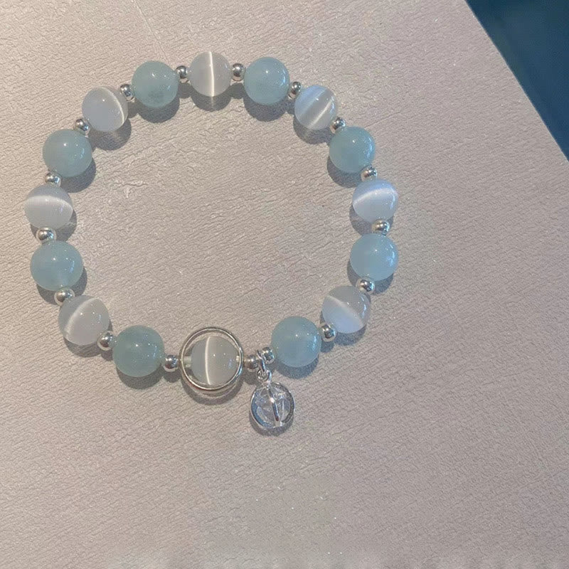 Braccialetto con ciondolo di supporto in argento sterling 925 con occhio di gatto e acquamarina Buddha Stones