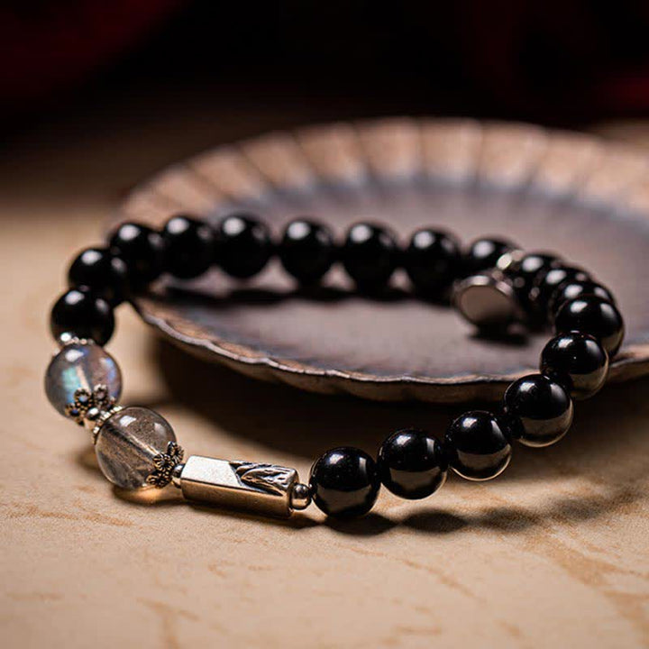 Bracciale di coppia in argento sterling 925 con pietra di luna e ossidiana