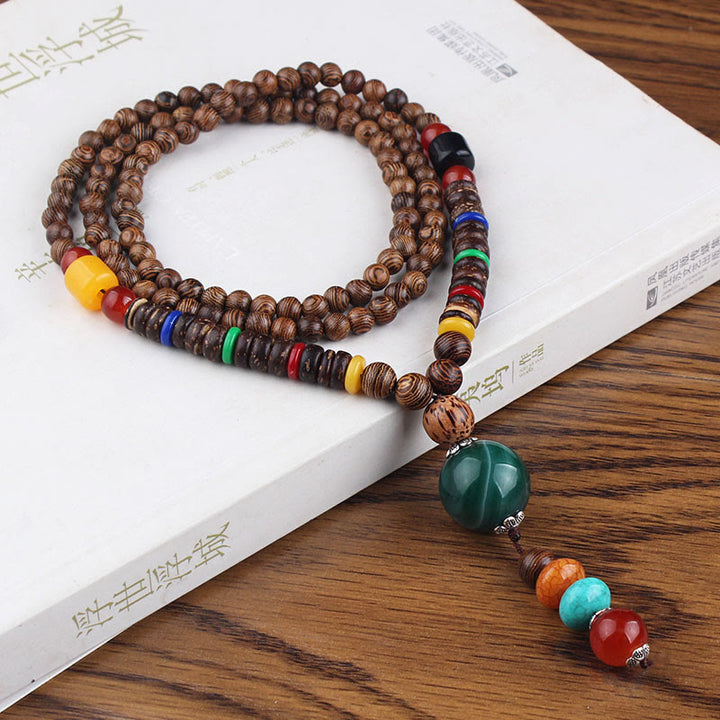 Buddha Stones Tibetano Legno Wenge Bodhi Seme Agata Equilibrio Pace Collana Pendente