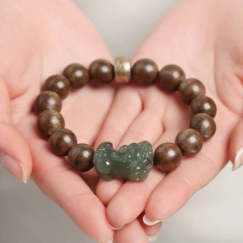 Bracciale Buddha Stones 925 Sterling Silver Brunei Agarwood PiXiu Jade Peace Strength