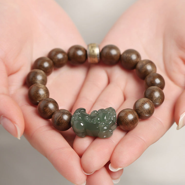 Bracciale Buddha Stones 925 Sterling Silver Brunei Agarwood PiXiu Jade Peace Strength
