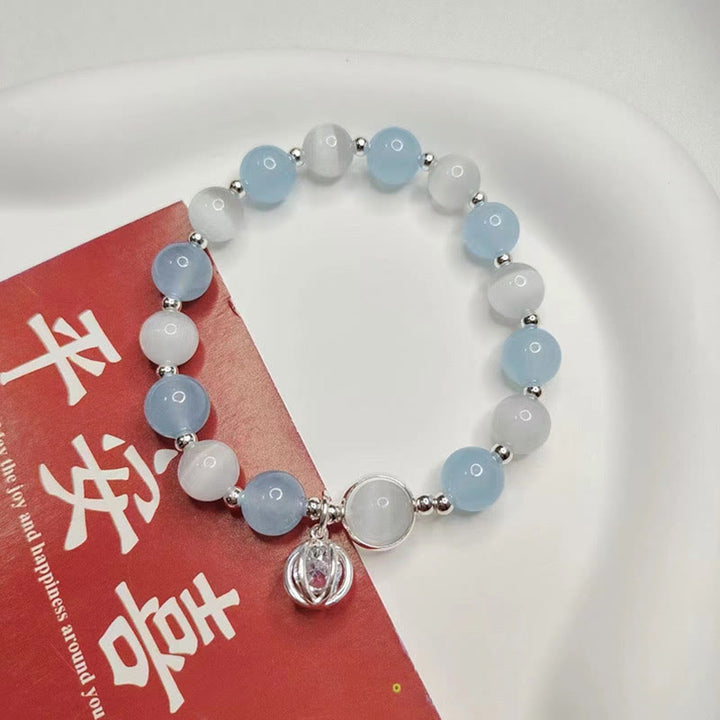 Braccialetto con ciondolo di supporto in argento sterling 925 con occhio di gatto e acquamarina Buddha Stones