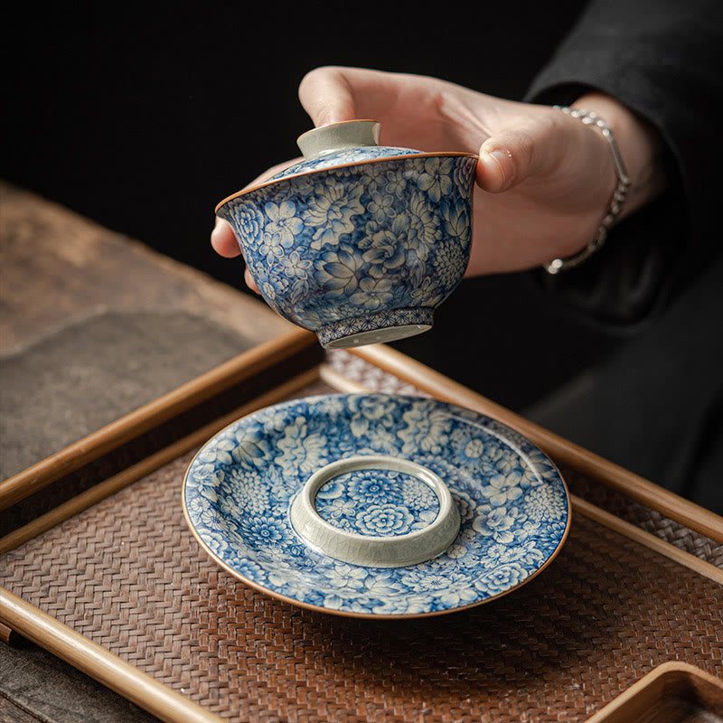 Buddha Stones Vintage Blu e Bianco Porcellana Fiore di Pesco Loto Peonia Ceramica Gaiwan Sancai Tazza da Tè Kung Fu Tazza da Tè e Piattino con Coperchio - image 2