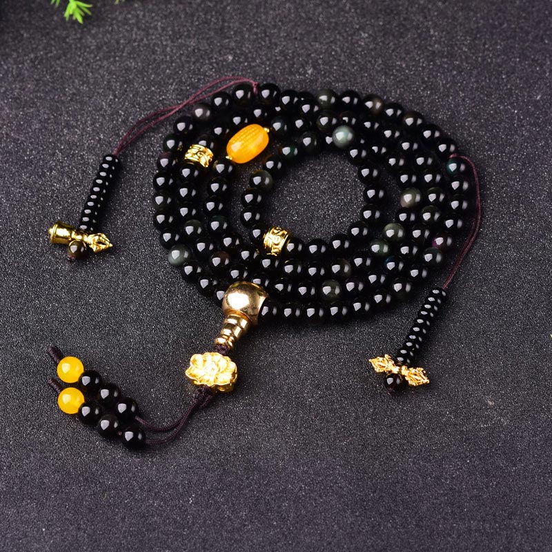Braccialetto Mala Buddha Stones 108 perle in ossidiana nera naturale Lotus Fulfilment