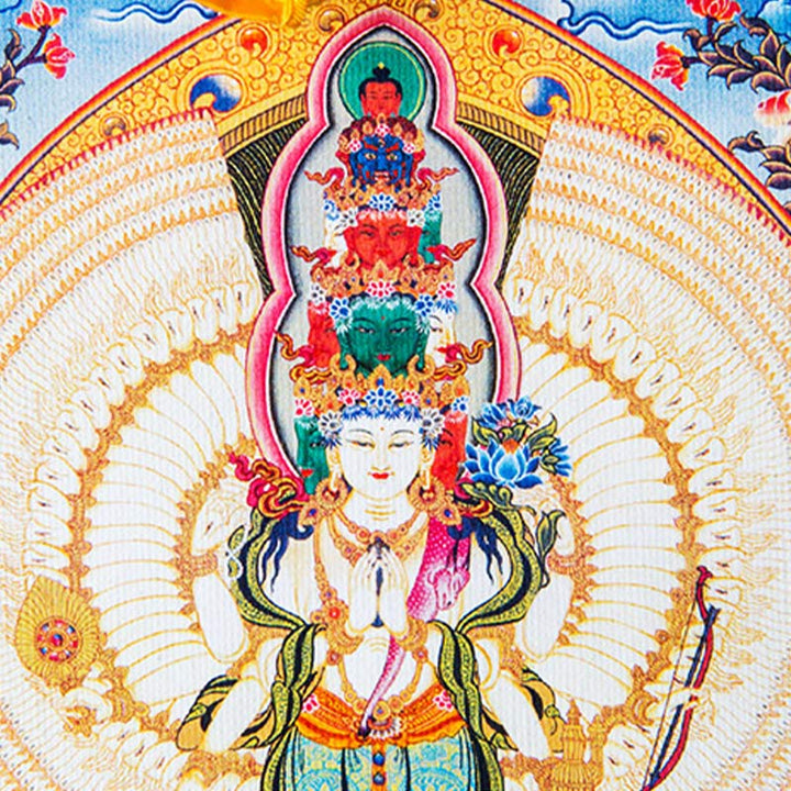 Buddha Stones Tibetano Avalokitesvara dalle mille mani con cornice Thangka Benedizione Decorazione