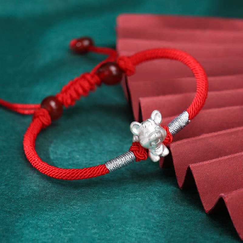 Braccialetto in corda rossa con Buddha Stones in argento sterling 999, zodiaco cinese, fortuna e forza - Ratto (misura del braccialetto 15,5 cm + 8 cm) - image 2