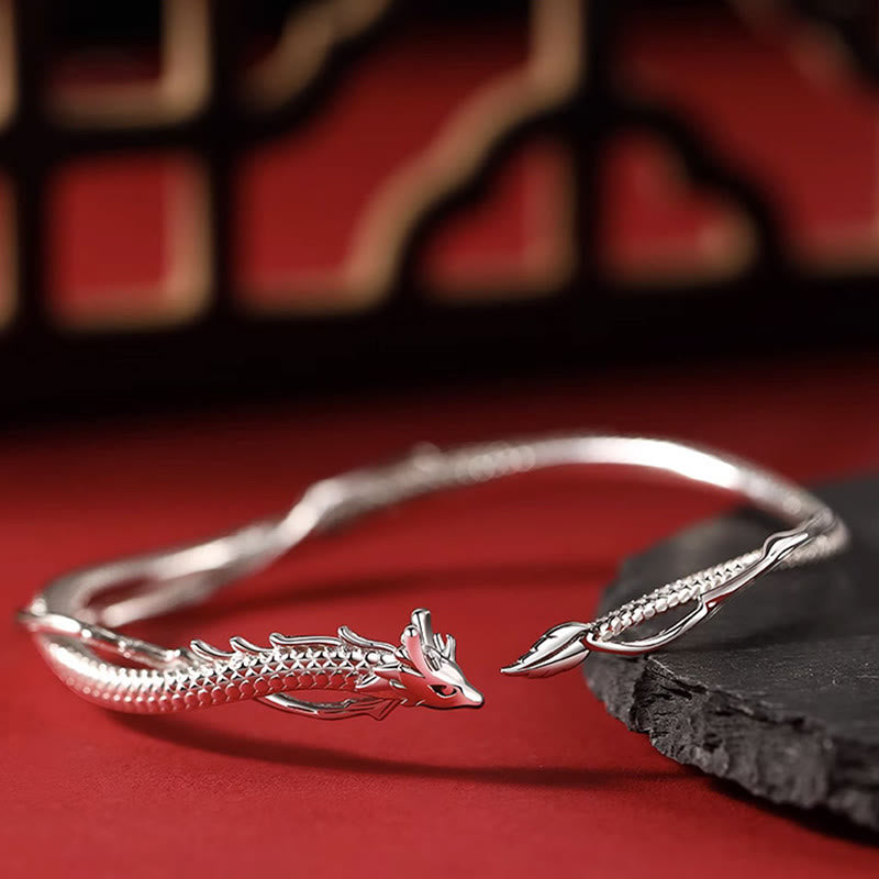 Bracciale rigido in metallo con design dell'anno del drago in argento sterling 925 Buddha Stones