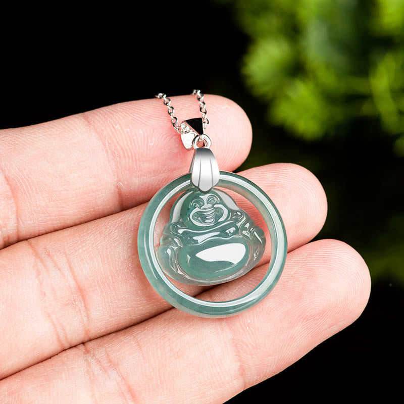 Collana con ciondolo a forma Buddha Stones Buddha con ciondolo a forma di Buddha che ride, in argento sterling 925, giada naturale rotonda