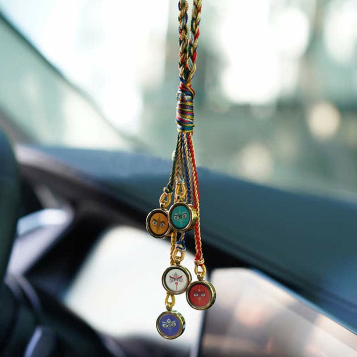 Decorazione da appendere alla parete dell'auto con protezione Thangka dei cinque dei della ricchezza, realizzata a mano in Tibet