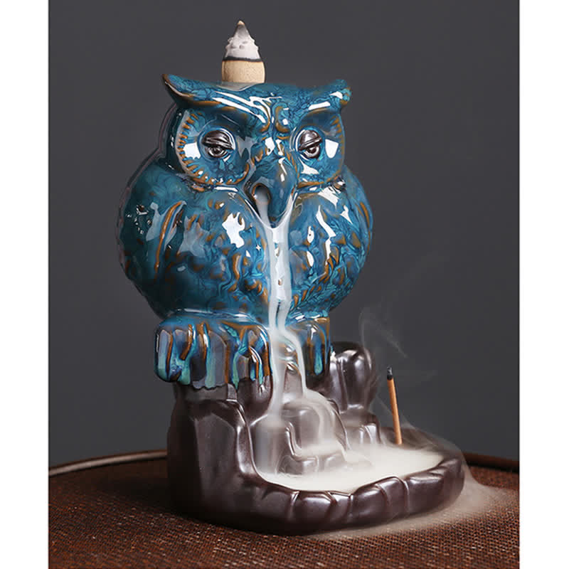 Buddha Stones Gufo carino Fontana di fumo a riflusso in ceramica Bruciatore di incenso Decorazione per meditazione
