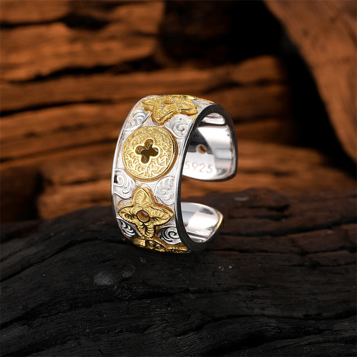 Anello portafortuna con motivo floreale della dinastia Tang in argento sterling 925 Buddha Stones