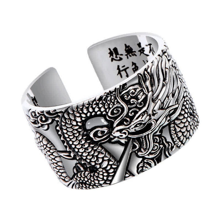 Anello di protezione e successo con motivo intagliato a drago in argento sterling 999 Buddha Stones