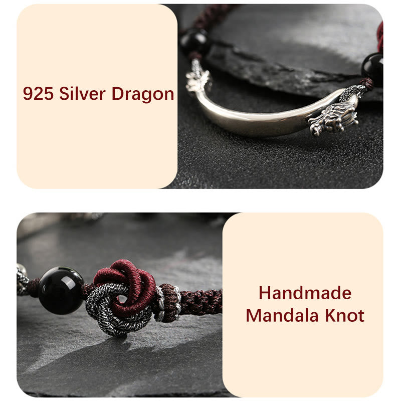 Bracciale intrecciato a mano in argento sterling 925 con drago di buon auspicio Buddha Stones