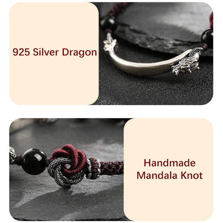 Bracciale intrecciato a mano in argento sterling 925 con drago di buon auspicio Buddha Stones