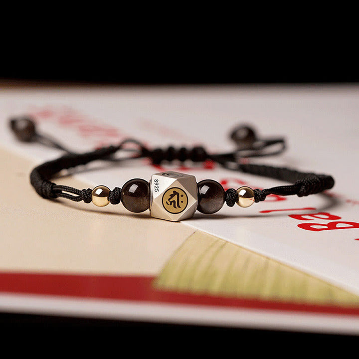 Braccialetto intrecciato calmo in argento sterling 925 fatto a mano con cinabro e zodiaco cinese Buddha Stones - Corda spessa nera (circonferenza del polso 14-17 cm) - Cane/Maiale-Buddha Amitabha - image 3