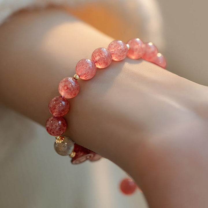 Buddha Stones Natural Strawberry Quartz Moonstone Braccialetto di guarigione dell'amore PiXiu