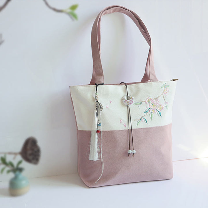 Borsa a tracolla grande capacità in tela con ricamo in bambù, prugna, fiore di pera, pesco