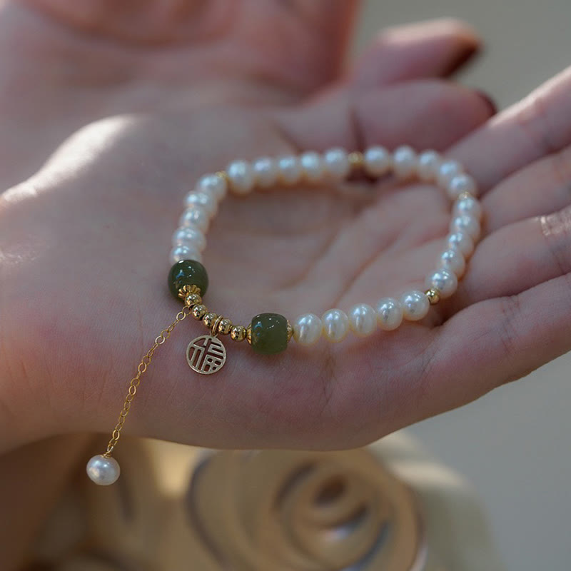 Braccialetto di perle di saggezza e felicità in giada Hetian di perle naturali