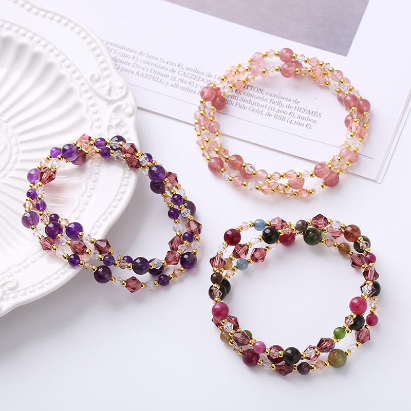 Braccialetto a doppio giro Buddha Stones Tormalina naturale Quarzo fragola Ametista Pace Saggezza
