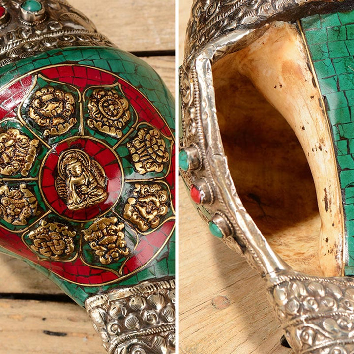 Decorazione positiva della ricchezza della conchiglia del Buddha Shankha Double Dorje incisa a mano tibetana