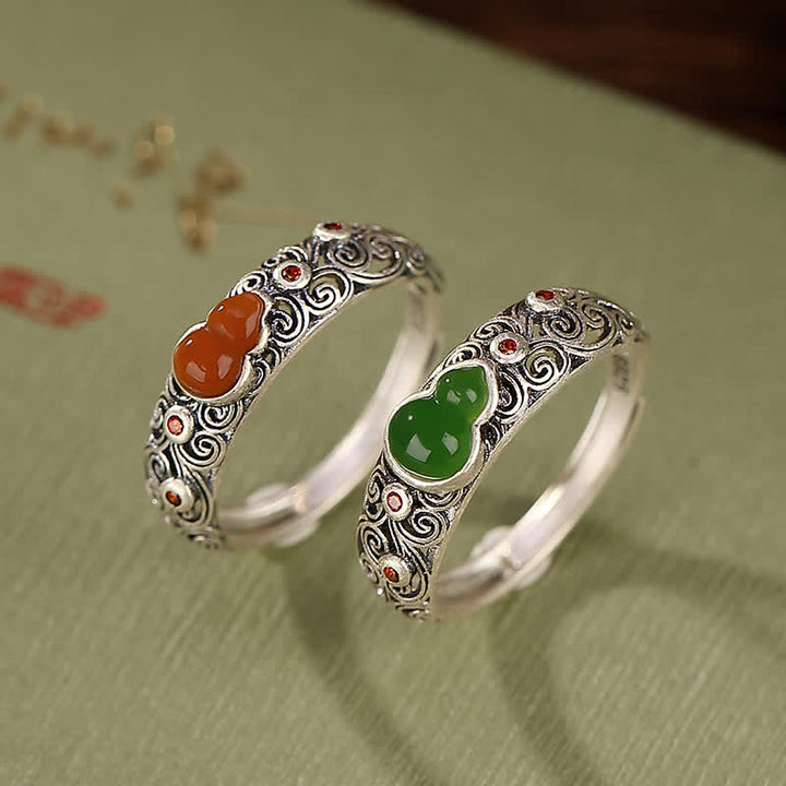 Anello di buon auspicio con zucca, giada ciano e agata rossa in argento sterling 925