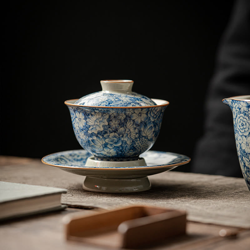 Buddha Stones Vintage Blu e Bianco Porcellana Fiore di Pesco Loto Peonia Ceramica Gaiwan Sancai Tazza da Tè Kung Fu Tazza da Tè e Piattino con Coperchio - 9,3 cm * 9,8 cm * 150 ml (Piattino 13,3 cm) - image 0