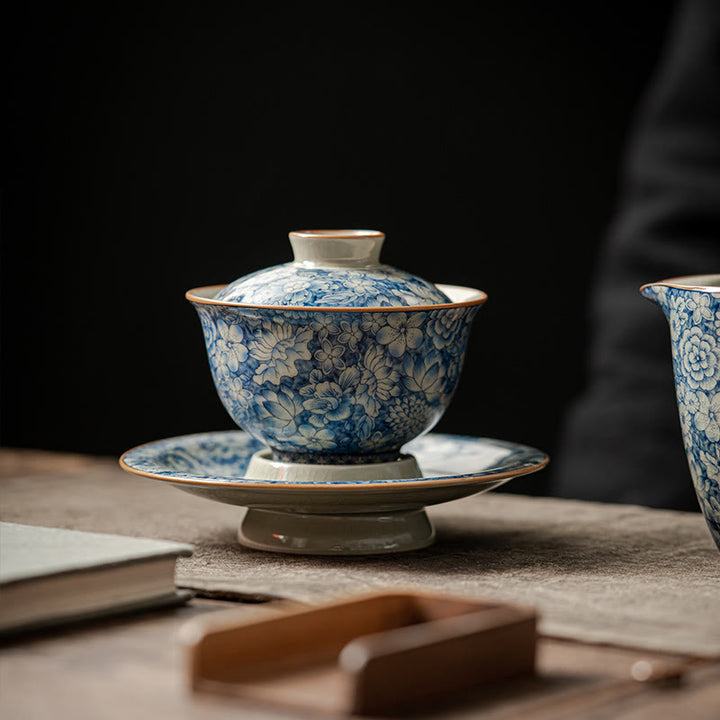 Buddha Stones Vintage Blu e Bianco Porcellana Fiore di Pesco Loto Peonia Ceramica Gaiwan Sancai Tazza da Tè Kung Fu Tazza da Tè e Piattino con Coperchio - 9,3 cm * 9,8 cm * 150 ml (Piattino 13,3 cm) - image 0