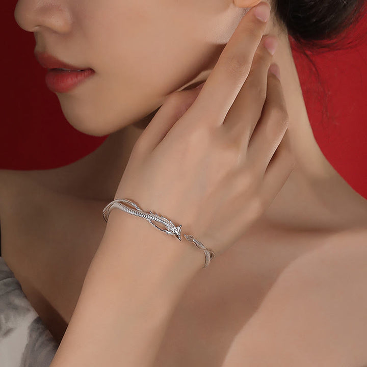 Bracciale rigido in metallo con design dell'anno del drago in argento sterling 925 Buddha Stones