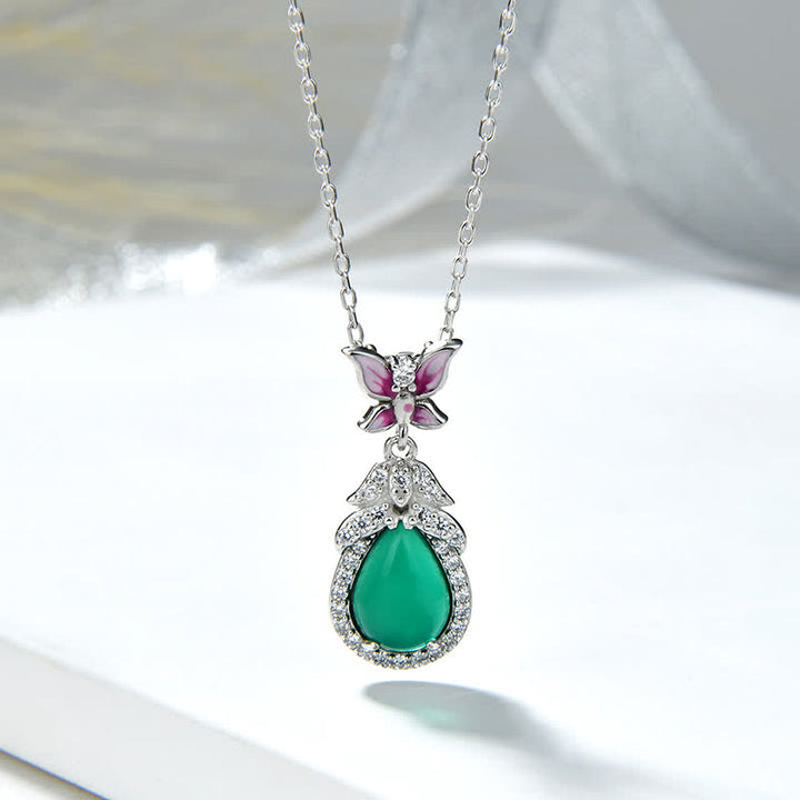 Collana con ciondolo in argento sterling 925, calcedonio verde, farfalla e zircone, coraggio