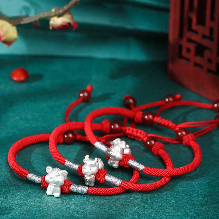 Braccialetto in corda rossa con Buddha Stones in argento sterling 999, zodiaco cinese, fortuna e forza