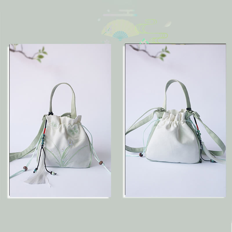 Borsa a tracolla in tela con fiori ricamati a mano con Buddha Stones