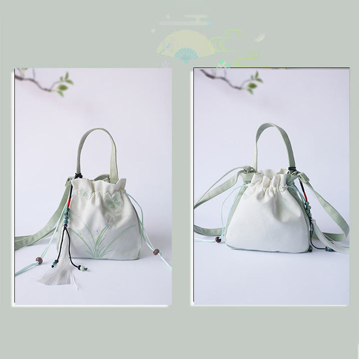 Borsa a tracolla in tela con fiori ricamati a mano con Buddha Stones