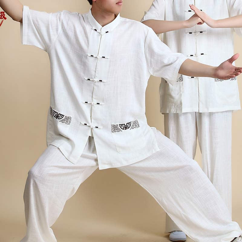 Buddha Stones Meditazione Zen Preghiera Spirituale Tai Chi Qigong Pratica Unisex Ricamo Abbigliamento Set - Ricamo bianco a manica corta - US14, UK/AU18, EU46 (3XL) - image 21