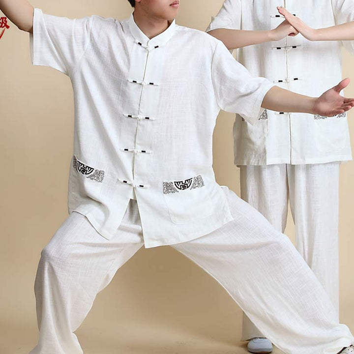 Buddha Stones Meditazione Zen Preghiera Spirituale Tai Chi Qigong Pratica Unisex Ricamo Abbigliamento Set - Ricamo bianco a manica corta - US14, UK/AU18, EU46 (3XL) - image 21