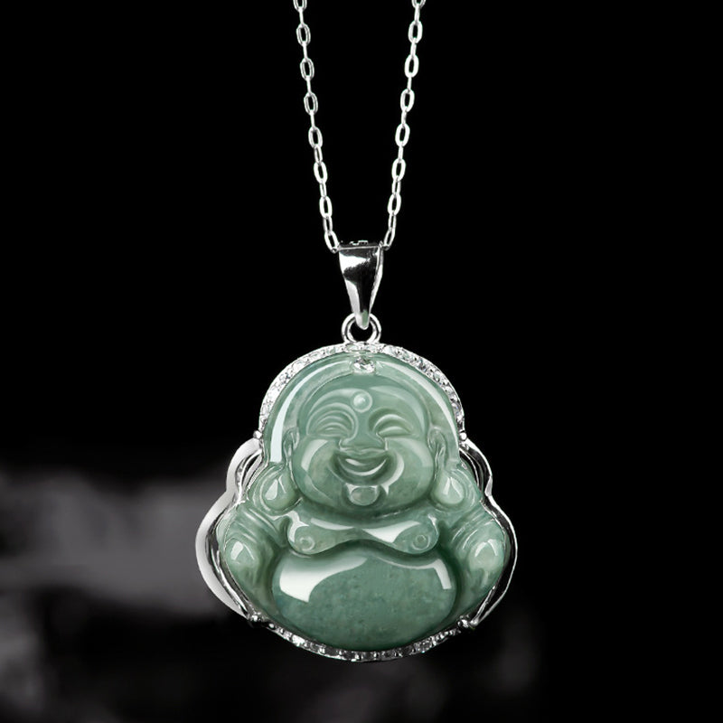 Collana con ciondolo a Buddha Stones in argento sterling 925 con Buddha che ride e giada, abbondanza - image 2