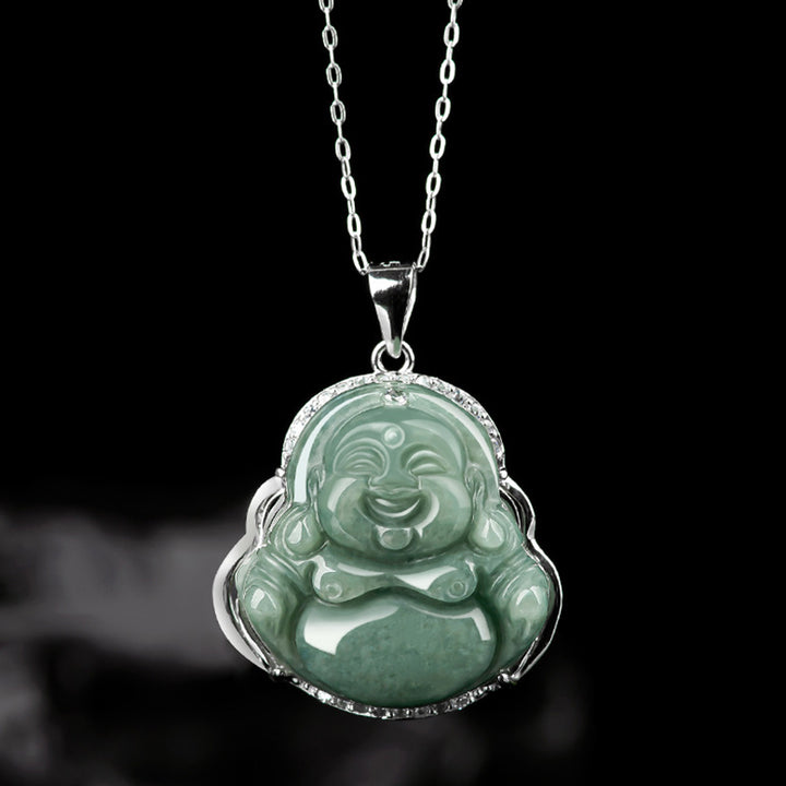 Collana con ciondolo a Buddha Stones in argento sterling 925 con Buddha che ride e giada, abbondanza - image 2