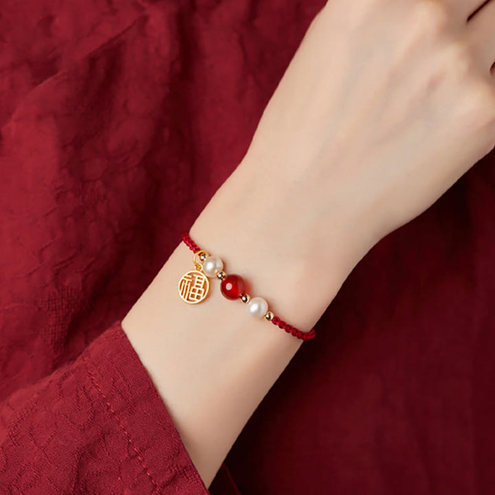 Braccialetto intrecciato in corda rossa con perle di agata e carattere Fu in argento sterling 925 con pietre Buddha Stones