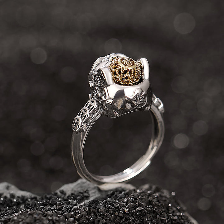 Anello regolabile con moneta di rame PiXiu in argento sterling 925 Buddha Stones