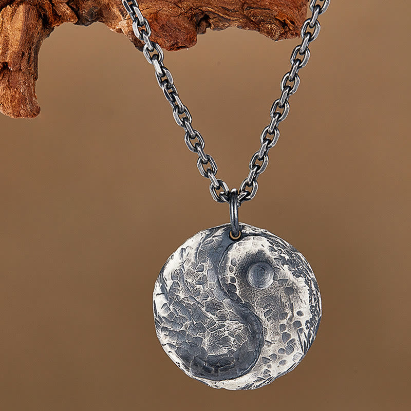 Buddha Stones 990 Sterling Silver Yin Yang Hammer Texture Collana con ciondolo Armonia - image 1