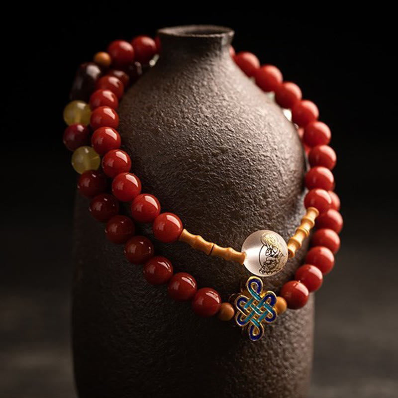 Buddha Stones Zodiaco cinese Buddha natale Agata rossa Piccola foglia Sandalo rosso Cinabro Amuleto Benedizione Bracciale a doppio giro