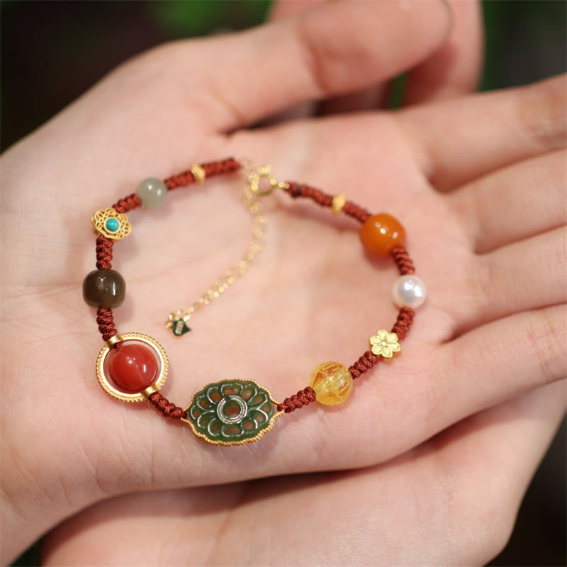 Braccialetto portafortuna in argento sterling 925 con cristalli di agata rossa, ambra e giada naturale di Hetian