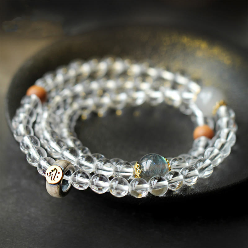 Braccialetto triplo giro in argento sterling 925 con Buddha Stones , zodiaco cinese, Buddha natale, cristallo bianco, meditazione
