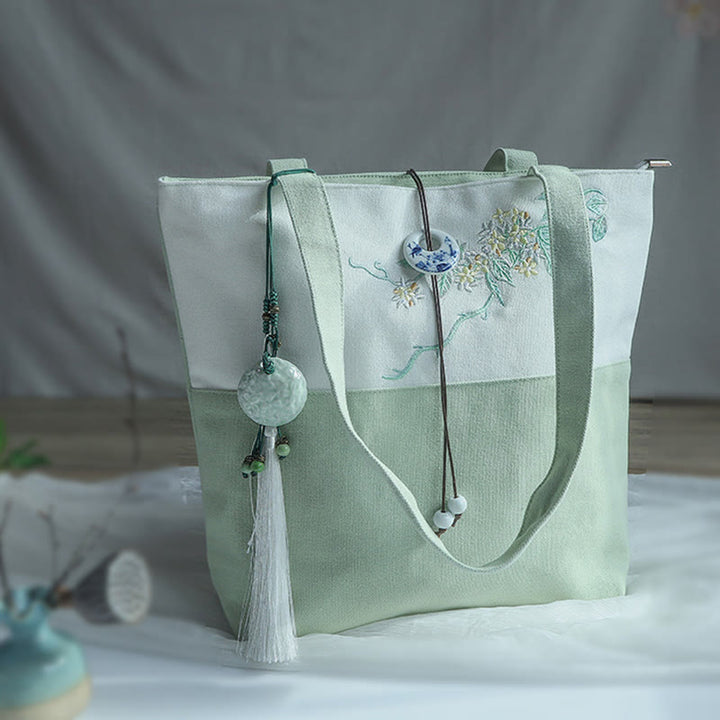 Borsa a tracolla grande capacità in tela con ricamo in bambù, prugna, fiore di pera, pesco