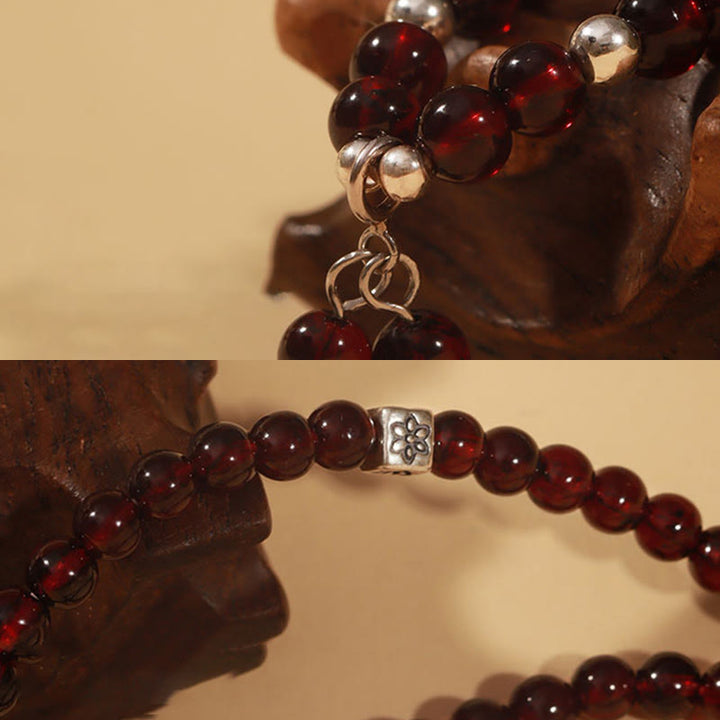 Braccialetto triplo giro Buddha Stones in argento sterling 925 con granato naturale e protezione per gli occhi di gatto