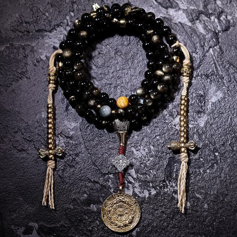 Buddha Stones 108 Mala Beads Oro Lucente Ossidiana Occhio di Tigre Pietra Occhio d'Aquila Bracciale della Ricchezza